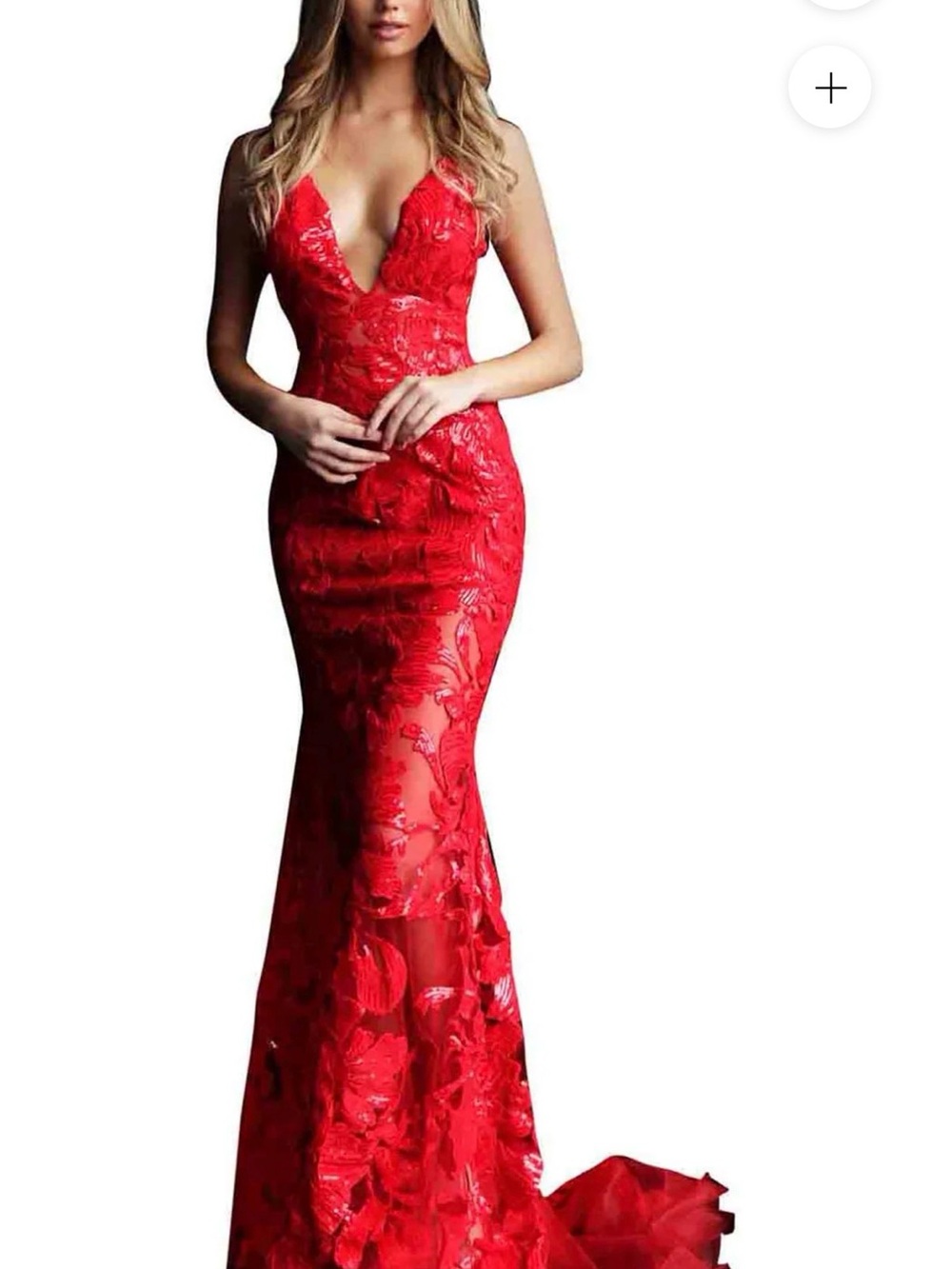 Jovani Red Lace Plunge Neck Mermaid Evening Dress